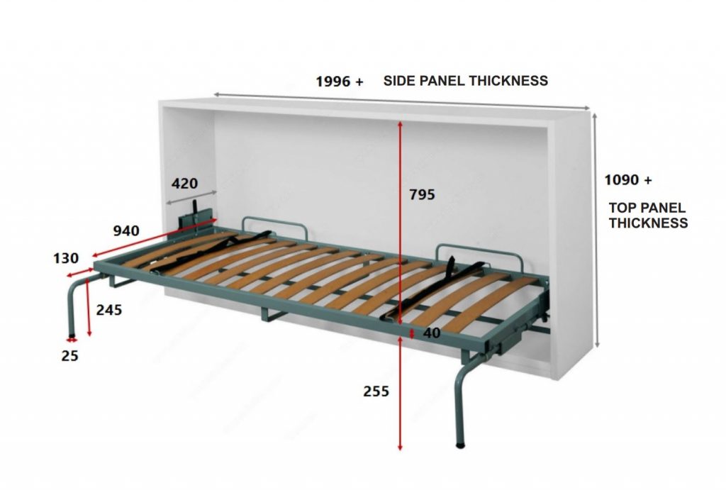 Horizontal Wall Bed Unit with Spring Mechanism and Selfdeploying Legs
