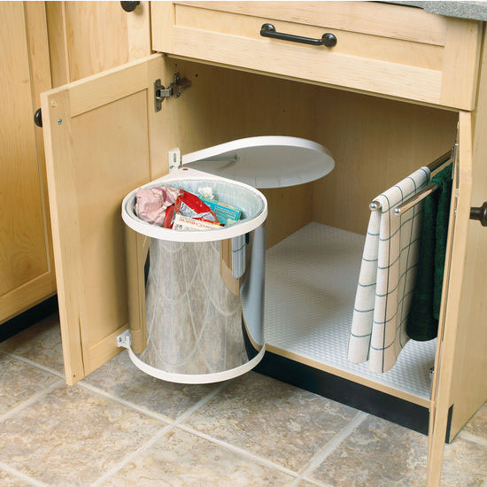 Hafele Round Swing Out Door Mount Waste Bin Pull Out, 16 Quart - Stainless Steel w/ Black Lid